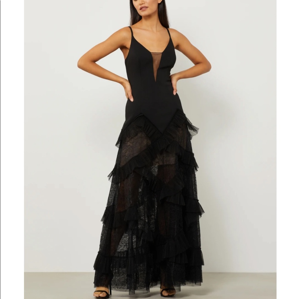 BCBG Black Ruffle Tulle Evening Gown